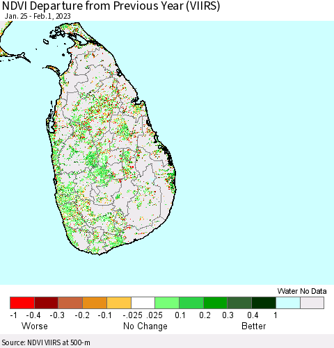 Sri Lanka NDVI Departure from Previous Year (VIIRS) Thematic Map For 1/25/2023 - 2/1/2023