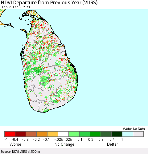 Sri Lanka NDVI Departure from Previous Year (VIIRS) Thematic Map For 2/2/2023 - 2/9/2023
