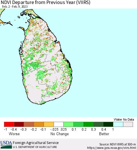 Sri Lanka NDVI Departure from Previous Year (VIIRS) Thematic Map For 2/1/2023 - 2/10/2023