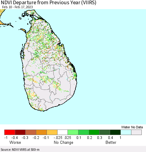 Sri Lanka NDVI Departure from Previous Year (VIIRS) Thematic Map For 2/10/2023 - 2/17/2023
