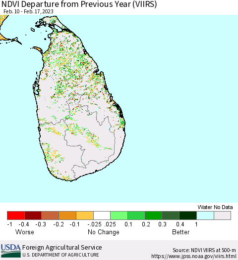 Sri Lanka NDVI Departure from Previous Year (VIIRS) Thematic Map For 2/11/2023 - 2/20/2023