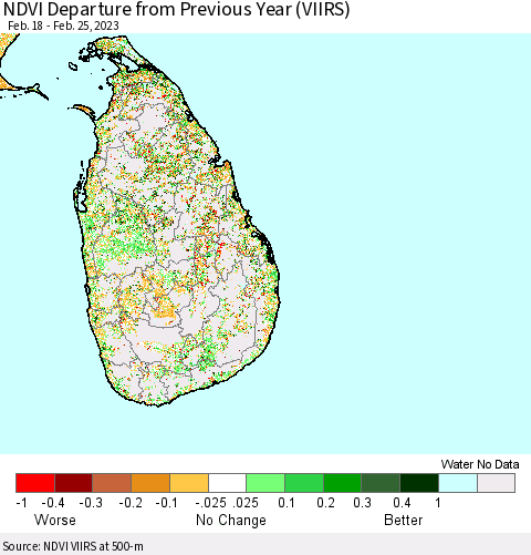 Sri Lanka NDVI Departure from Previous Year (VIIRS) Thematic Map For 2/18/2023 - 2/25/2023