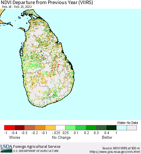 Sri Lanka NDVI Departure from Previous Year (VIIRS) Thematic Map For 2/21/2023 - 2/28/2023