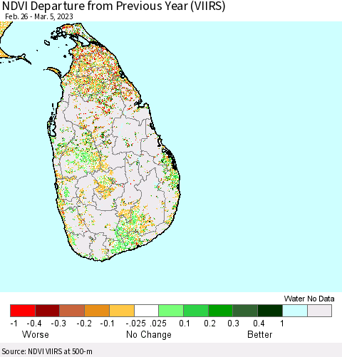 Sri Lanka NDVI Departure from Previous Year (VIIRS) Thematic Map For 2/26/2023 - 3/5/2023