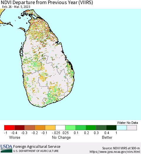 Sri Lanka NDVI Departure from Previous Year (VIIRS) Thematic Map For 3/1/2023 - 3/10/2023
