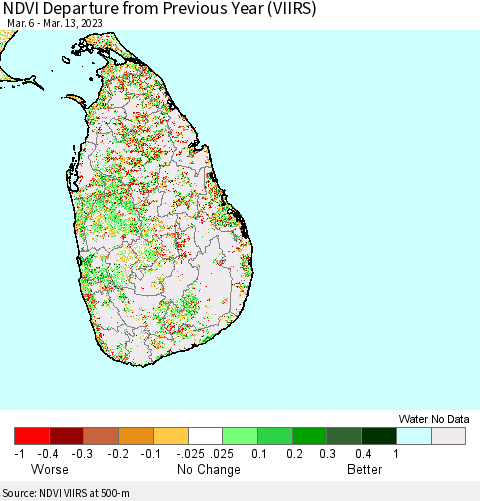 Sri Lanka NDVI Departure from Previous Year (VIIRS) Thematic Map For 3/6/2023 - 3/13/2023