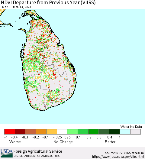 Sri Lanka NDVI Departure from Previous Year (VIIRS) Thematic Map For 3/11/2023 - 3/20/2023