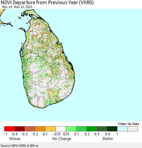 Sri Lanka NDVI Departure from Previous Year (VIIRS) Thematic Map For 3/14/2023 - 3/21/2023