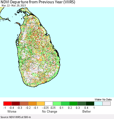 Sri Lanka NDVI Departure from Previous Year (VIIRS) Thematic Map For 3/22/2023 - 3/29/2023