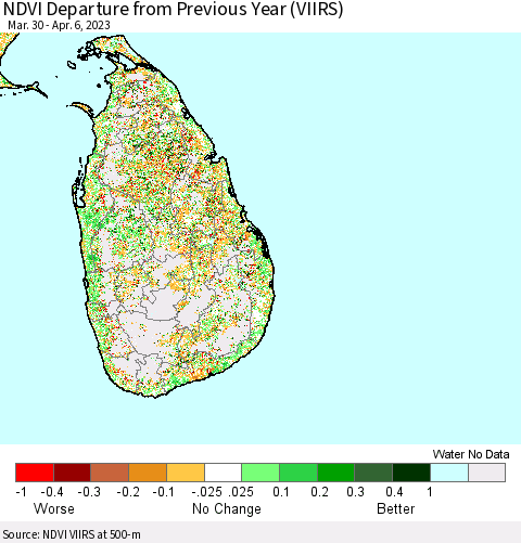 Sri Lanka NDVI Departure from Previous Year (VIIRS) Thematic Map For 3/30/2023 - 4/6/2023