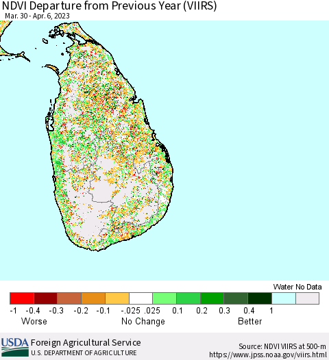 Sri Lanka NDVI Departure from Previous Year (VIIRS) Thematic Map For 4/1/2023 - 4/10/2023