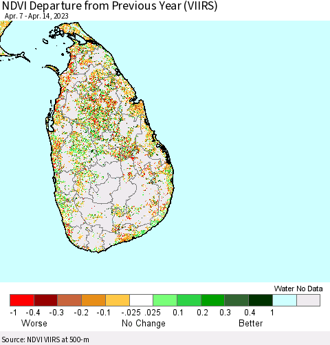 Sri Lanka NDVI Departure from Previous Year (VIIRS) Thematic Map For 4/7/2023 - 4/14/2023