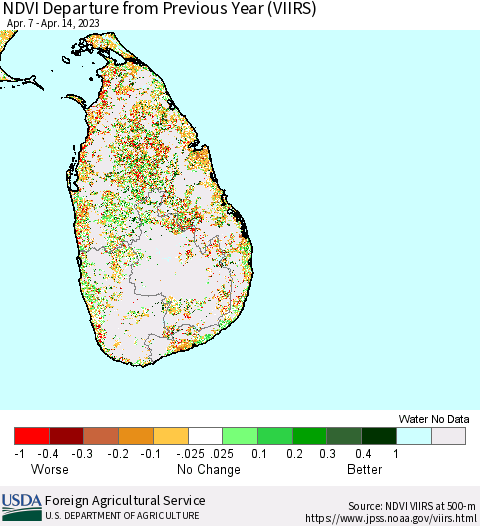 Sri Lanka NDVI Departure from Previous Year (VIIRS) Thematic Map For 4/11/2023 - 4/20/2023