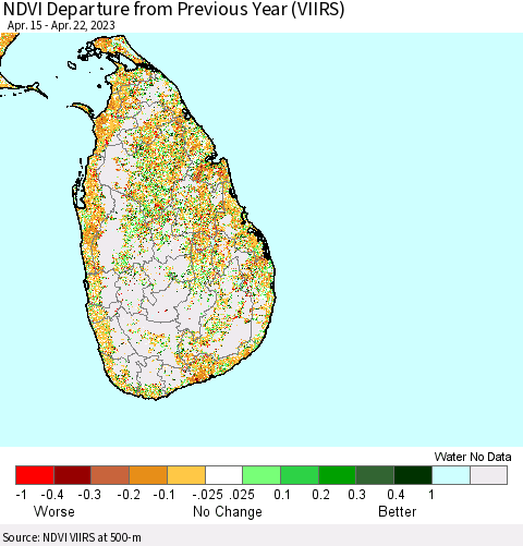 Sri Lanka NDVI Departure from Previous Year (VIIRS) Thematic Map For 4/15/2023 - 4/22/2023