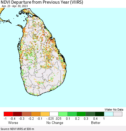 Sri Lanka NDVI Departure from Previous Year (VIIRS) Thematic Map For 4/21/2023 - 4/30/2023