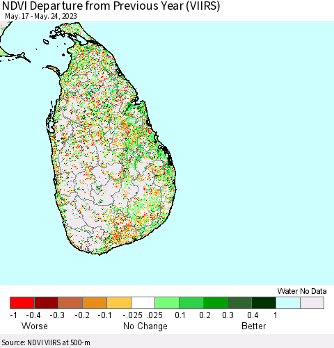 Sri Lanka NDVI Departure from Previous Year (VIIRS) Thematic Map For 5/17/2023 - 5/24/2023
