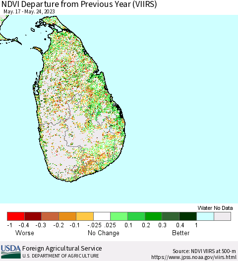 Sri Lanka NDVI Departure from Previous Year (VIIRS) Thematic Map For 5/21/2023 - 5/31/2023