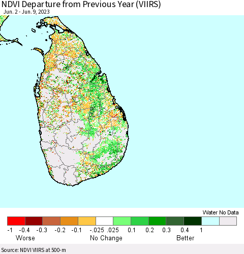 Sri Lanka NDVI Departure from Previous Year (VIIRS) Thematic Map For 6/2/2023 - 6/9/2023