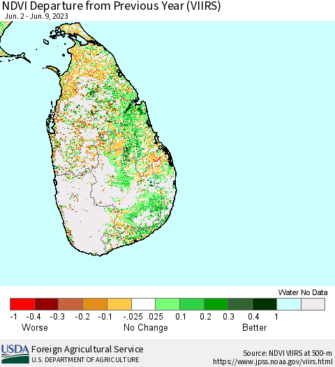 Sri Lanka NDVI Departure from Previous Year (VIIRS) Thematic Map For 6/1/2023 - 6/10/2023