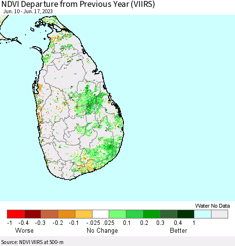 Sri Lanka NDVI Departure from Previous Year (VIIRS) Thematic Map For 6/10/2023 - 6/17/2023