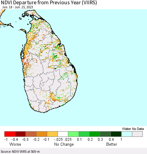 Sri Lanka NDVI Departure from Previous Year (VIIRS) Thematic Map For 6/18/2023 - 6/25/2023