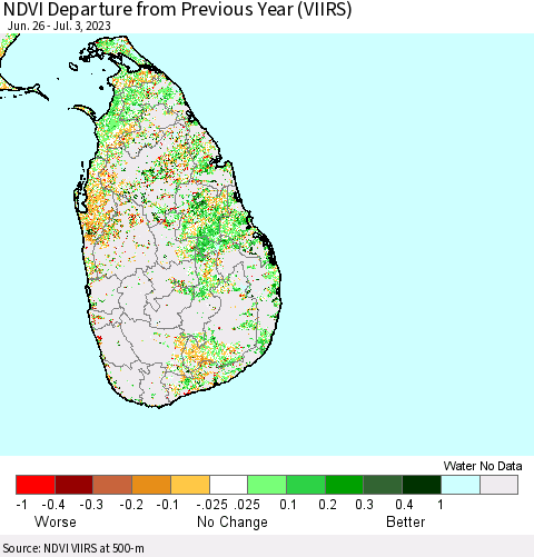 Sri Lanka NDVI Departure from Previous Year (VIIRS) Thematic Map For 6/26/2023 - 7/3/2023