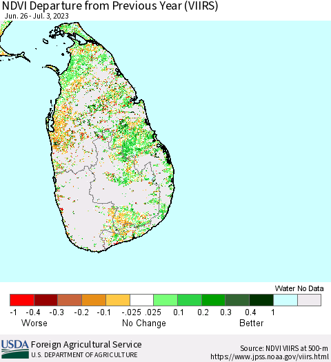 Sri Lanka NDVI Departure from Previous Year (VIIRS) Thematic Map For 7/1/2023 - 7/10/2023