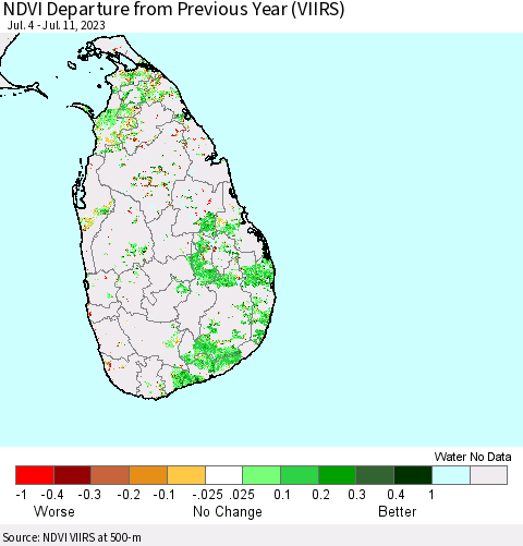 Sri Lanka NDVI Departure from Previous Year (VIIRS) Thematic Map For 7/4/2023 - 7/11/2023