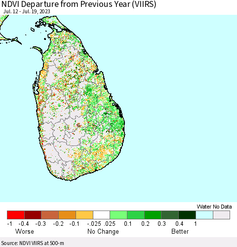 Sri Lanka NDVI Departure from Previous Year (VIIRS) Thematic Map For 7/12/2023 - 7/19/2023