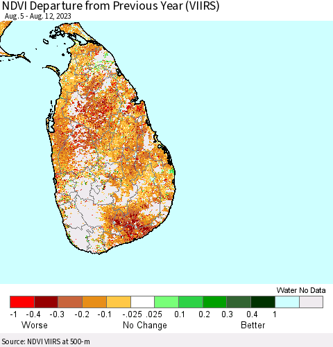 Sri Lanka NDVI Departure from Previous Year (VIIRS) Thematic Map For 8/5/2023 - 8/12/2023