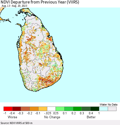 Sri Lanka NDVI Departure from Previous Year (VIIRS) Thematic Map For 8/11/2023 - 8/20/2023