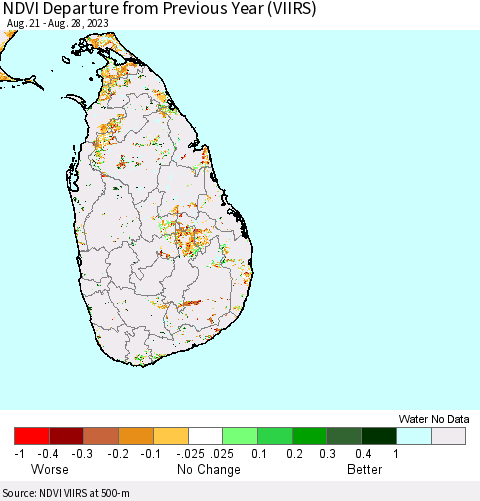 Sri Lanka NDVI Departure from Previous Year (VIIRS) Thematic Map For 8/21/2023 - 8/28/2023