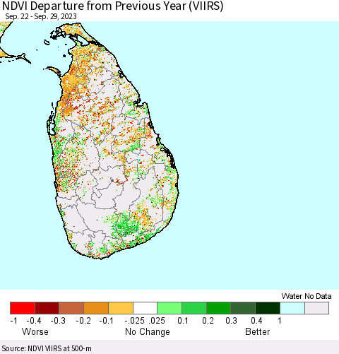 Sri Lanka NDVI Departure from Previous Year (VIIRS) Thematic Map For 9/22/2023 - 9/29/2023