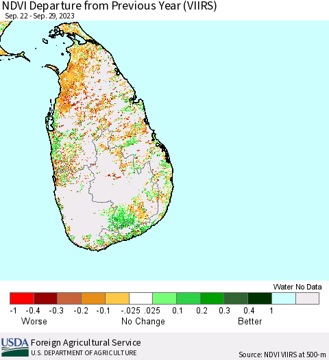 Sri Lanka NDVI Departure from Previous Year (VIIRS) Thematic Map For 9/21/2023 - 9/30/2023