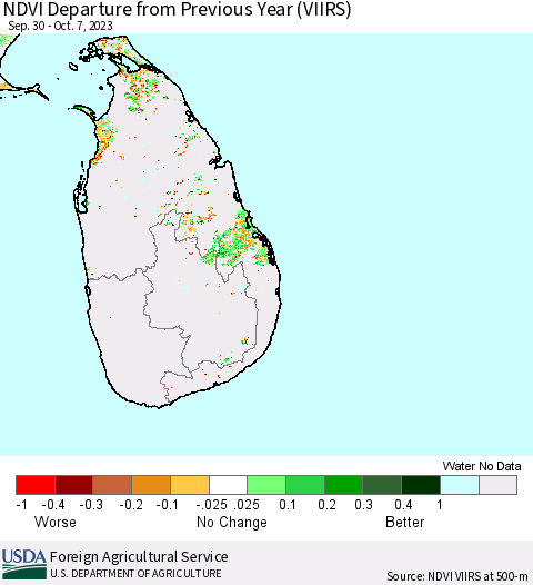 Sri Lanka NDVI Departure from Previous Year (VIIRS) Thematic Map For 10/1/2023 - 10/10/2023