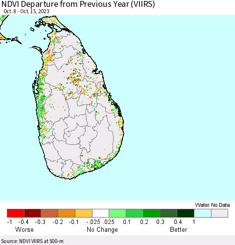 Sri Lanka NDVI Departure from Previous Year (VIIRS) Thematic Map For 10/8/2023 - 10/15/2023