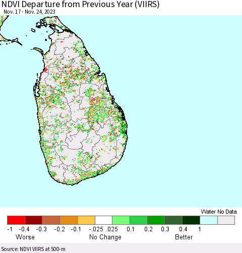 Sri Lanka NDVI Departure from Previous Year (VIIRS) Thematic Map For 11/17/2023 - 11/24/2023