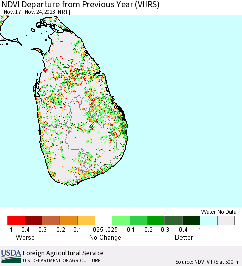Sri Lanka NDVI Departure from Previous Year (VIIRS) Thematic Map For 11/21/2023 - 11/30/2023