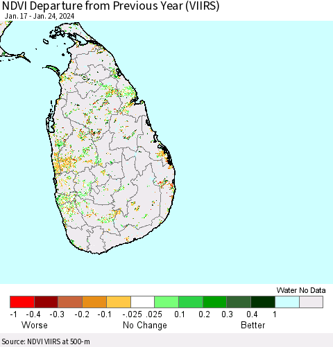 Sri Lanka NDVI Departure from Previous Year (VIIRS) Thematic Map For 1/17/2024 - 1/24/2024