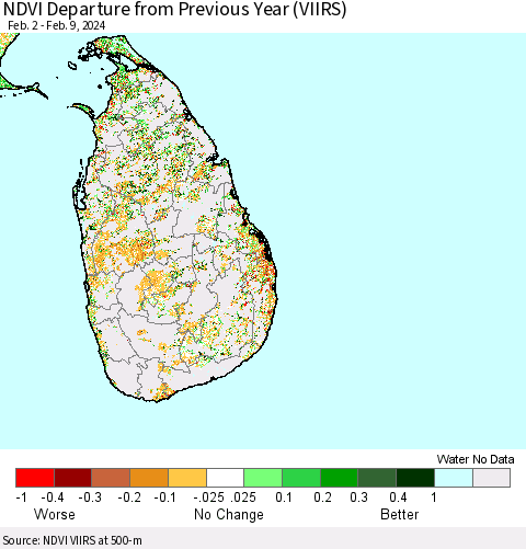 Sri Lanka NDVI Departure from Previous Year (VIIRS) Thematic Map For 2/2/2024 - 2/9/2024