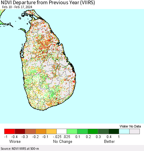 Sri Lanka NDVI Departure from Previous Year (VIIRS) Thematic Map For 2/10/2024 - 2/17/2024