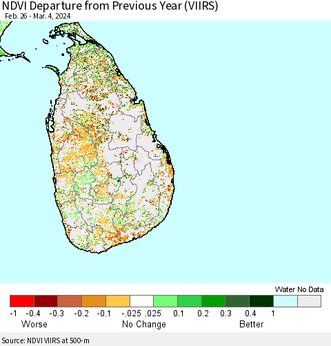 Sri Lanka NDVI Departure from Previous Year (VIIRS) Thematic Map For 2/26/2024 - 3/4/2024