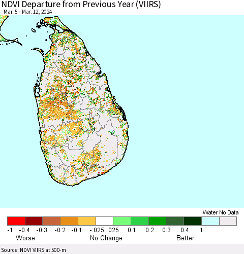 Sri Lanka NDVI Departure from Previous Year (VIIRS) Thematic Map For 3/5/2024 - 3/12/2024