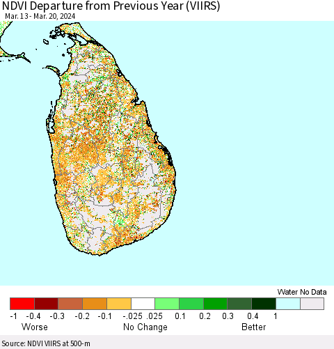 Sri Lanka NDVI Departure from Previous Year (VIIRS) Thematic Map For 3/13/2024 - 3/20/2024