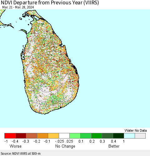 Sri Lanka NDVI Departure from Previous Year (VIIRS) Thematic Map For 3/21/2024 - 3/28/2024