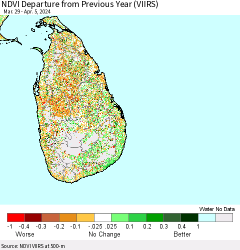 Sri Lanka NDVI Departure from Previous Year (VIIRS) Thematic Map For 3/29/2024 - 4/5/2024
