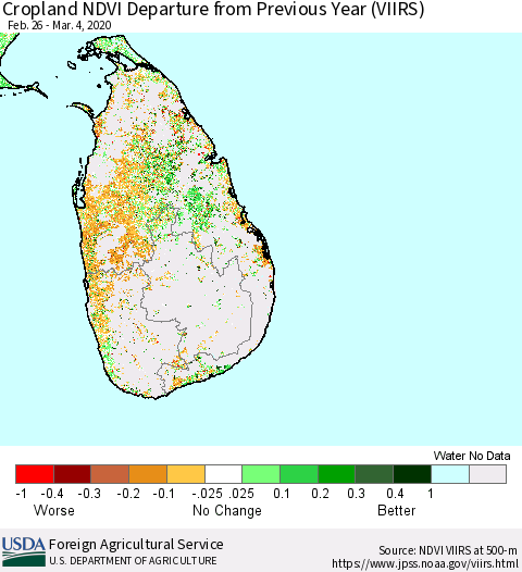 Sri Lanka Cropland NDVI Departure from Previous Year (VIIRS) Thematic Map For 3/1/2020 - 3/10/2020