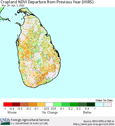 Sri Lanka Cropland NDVI Departure from Previous Year (VIIRS) Thematic Map For 4/1/2020 - 4/10/2020