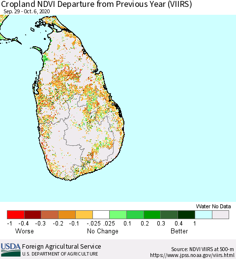 Sri Lanka Cropland NDVI Departure from Previous Year (VIIRS) Thematic Map For 10/1/2020 - 10/10/2020