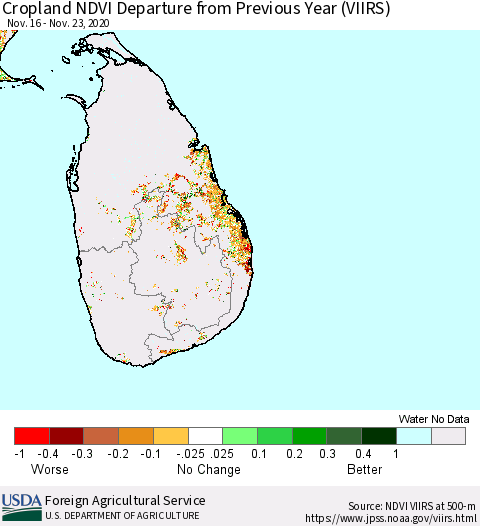 Sri Lanka Cropland NDVI Departure from Previous Year (VIIRS) Thematic Map For 11/21/2020 - 11/30/2020